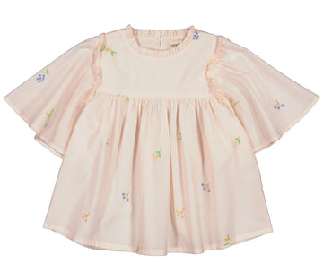 Loose fitting kids shirt with butterfly sleeves and cute frill details on the sleeves